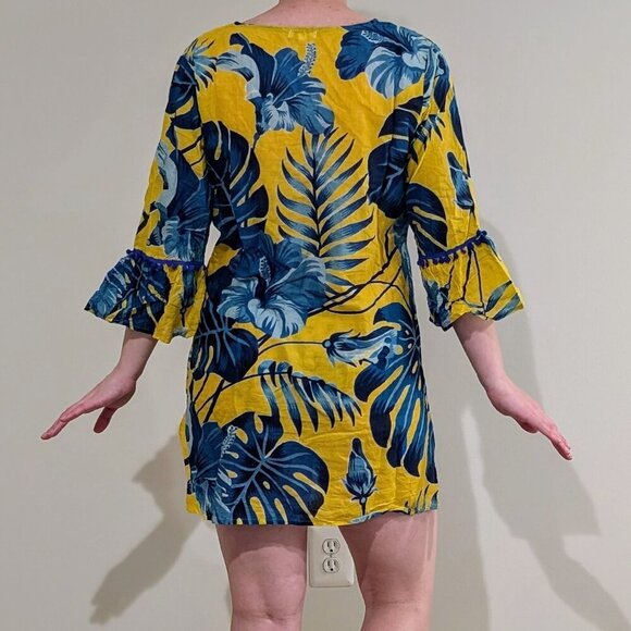 Azucar Women’s Large Yellow Blue Tropical Monstera Leaf Swim Coverup - Picture 4 of 5